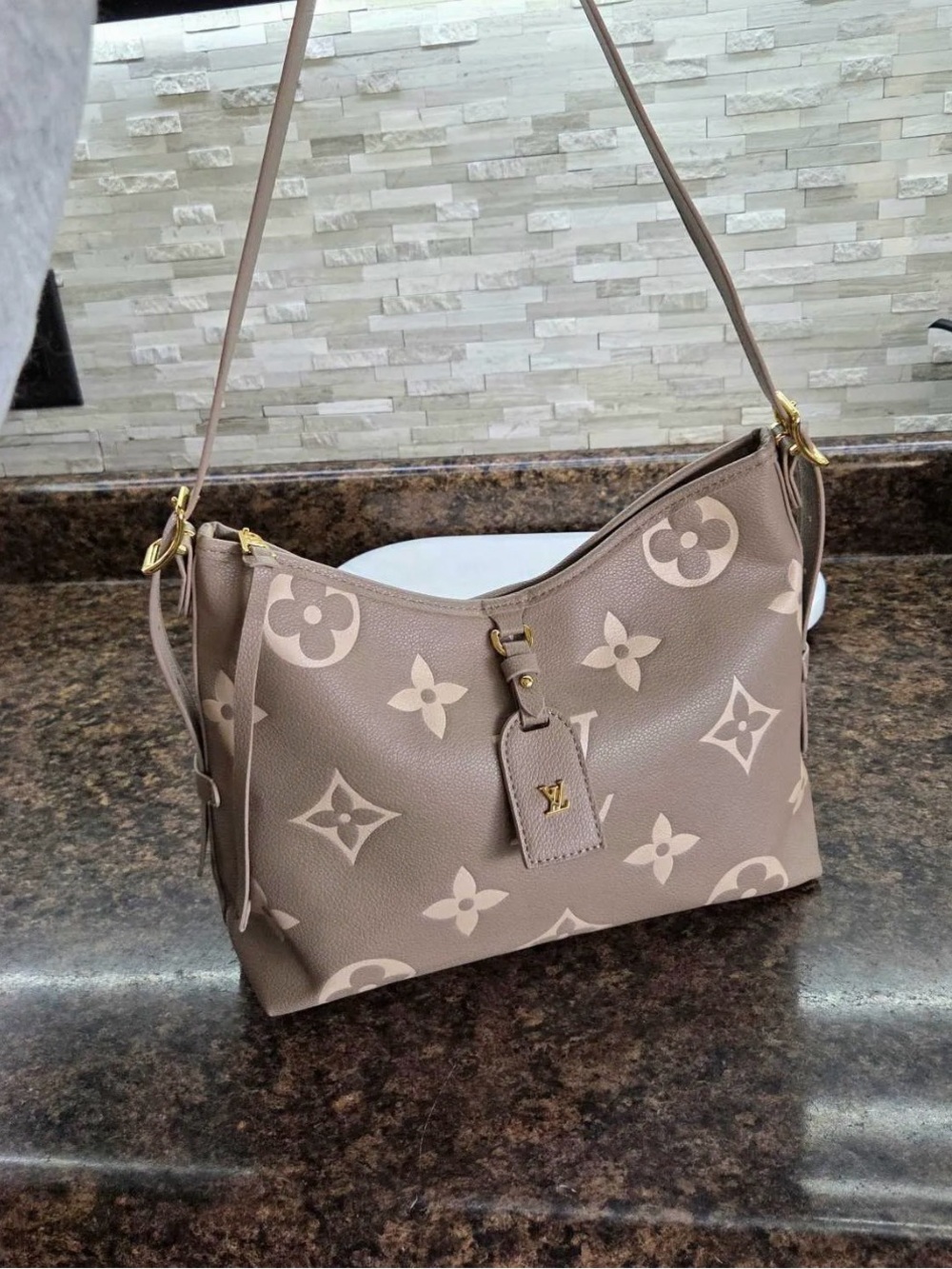 Louis Vuitton Taupe Monogram Shoulder Bag with Beige Motifs